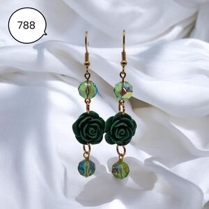 Green Rose Drop Earrings with Iridescent Crystal Beads